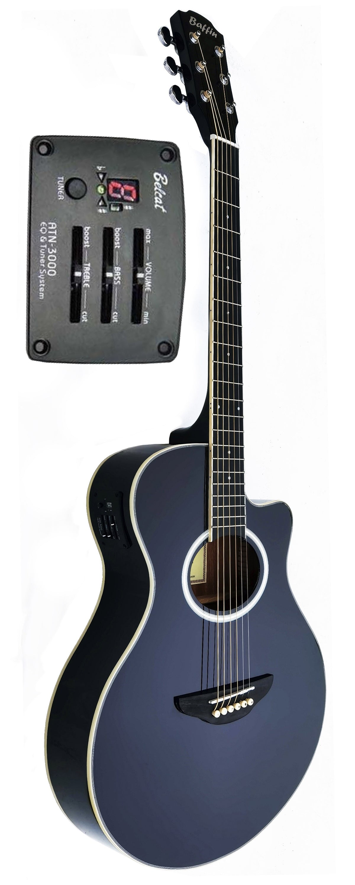 C331.646EQBK Guitarra Electroacustica Baffin Mini Jumbo tipo APX NEGRA Amplificada y previo con Afinador Acabado Brillo