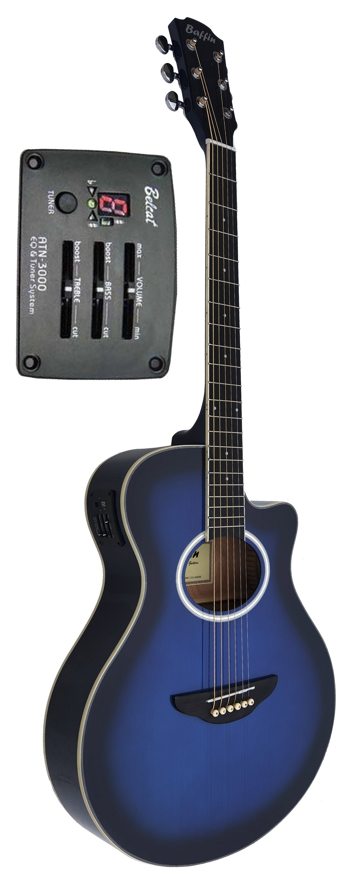 C331.646EQBL Guitarra Electroacustica Baffin Mini Jumbo tipo APX  AZUL Amplificada y previo con Afinador Acabado Brillo