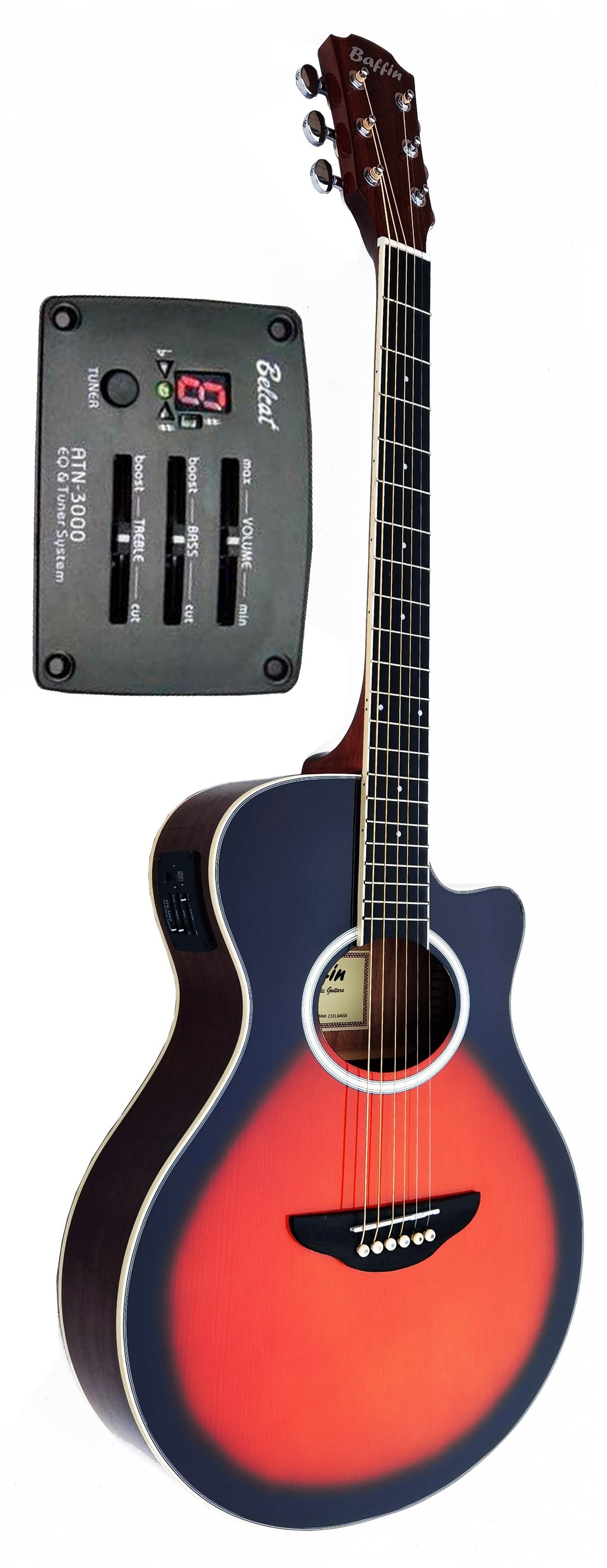 C331.646EQSB Guitarra Electroacustica Baffin Mini Jumbo tipo APX Sunburst Amplificada y previo con Afinador Acabado Brillo