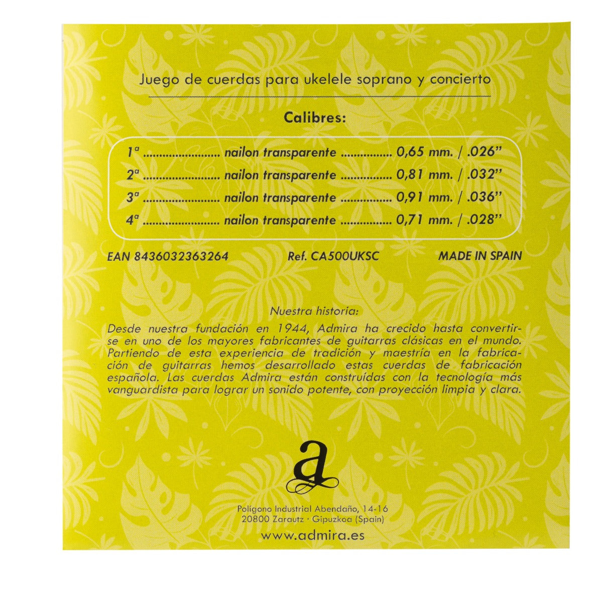 JUEGO DE CUERDAS ADMIRA PARA UKELELE SOPRANO Y CONCIERTO CA500UKSC NAILON