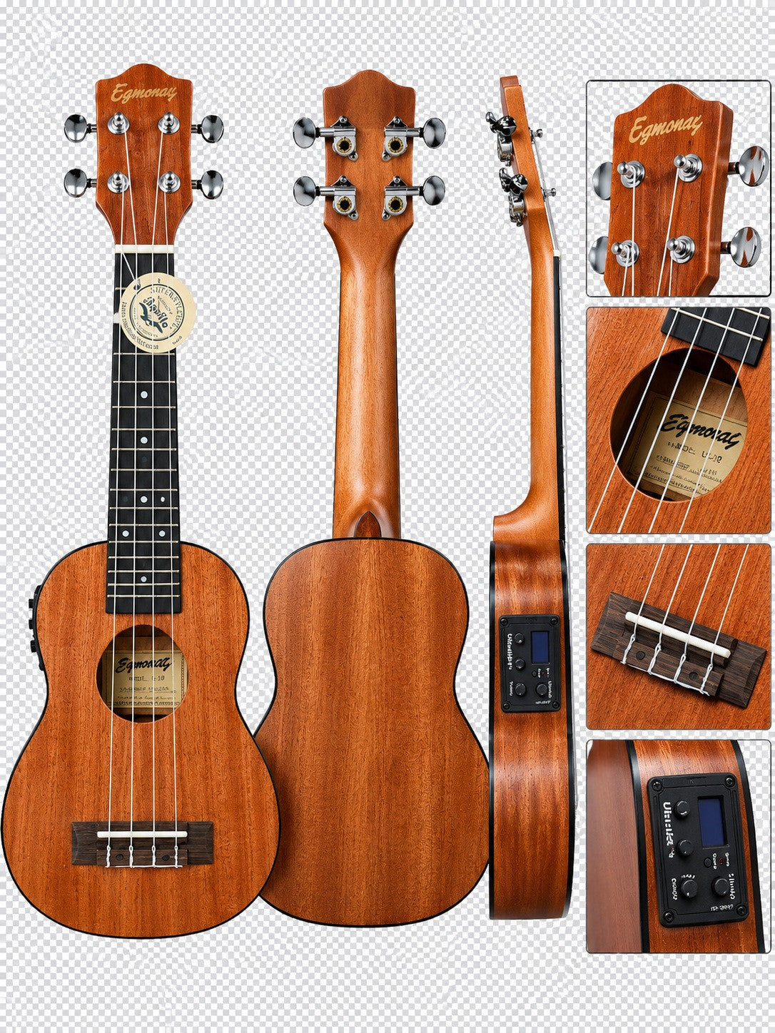 Egmond C380.091EQ   Ukelele Soprano Amplificado de sapeli mate Binding Negro con Previo