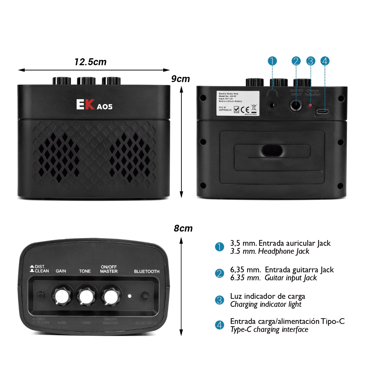 AMPLIFICADOR EK DE GUITARRA EKA05 PORTÁTIL 5W 